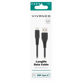 Kabel VIVANCO 61693, Type-C, Long Life, pleteni, 2.5m, crni