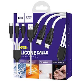 hoco. USB kabel, 3in1, microUSB, type C, Lightning, 1.2 met., 2 A - X21 Silicone 3in1, Black/White