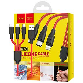 hoco. USB kabel, 3in1, microUSB, type C, Lightning, 1.2 met., 2 A - X21 Silicone 3in1, Black/Red