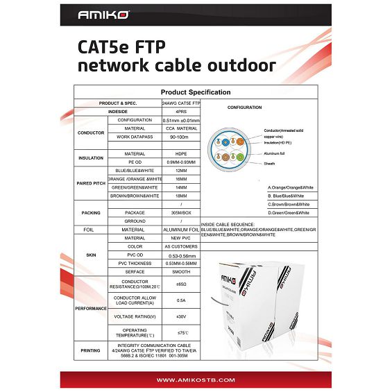 Amiko Mrežni FTP kabel, CAT5e, OutDoor, 305 met. - CAT5e FTP Outdoor 305m