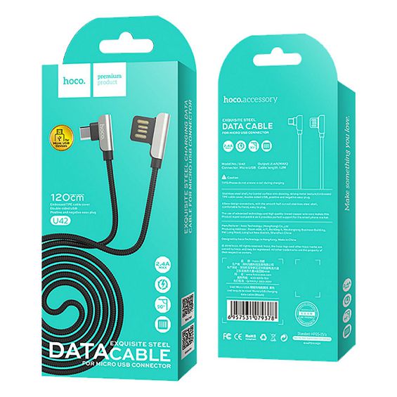 hoco. USB kabel za smartphone, micro USB, 1.2 met., 2.4 A, crna - U42 Exquisite steel, Micro USB, BK