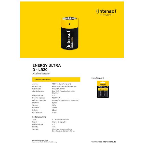 (Intenso) Baterija alkalna, LR20 / D, 1,5 V, blister 2 kom - LR20 / D