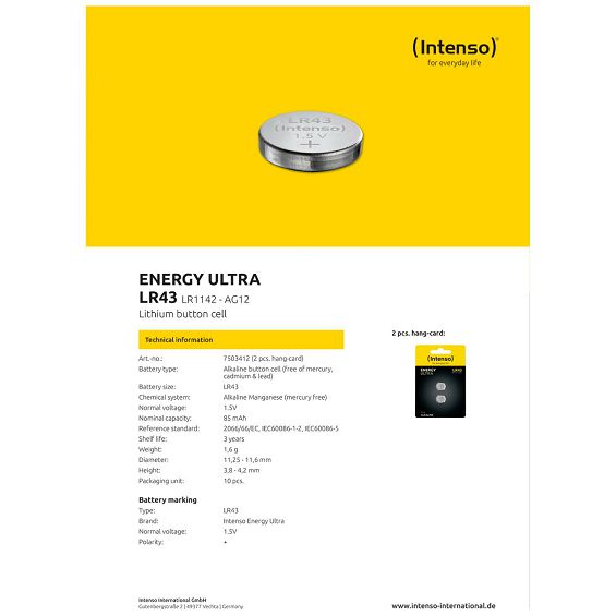 (Intenso) Baterija alkalna LR43/2, 1,5 V dugmasta, blister 2 kom - LR43/2