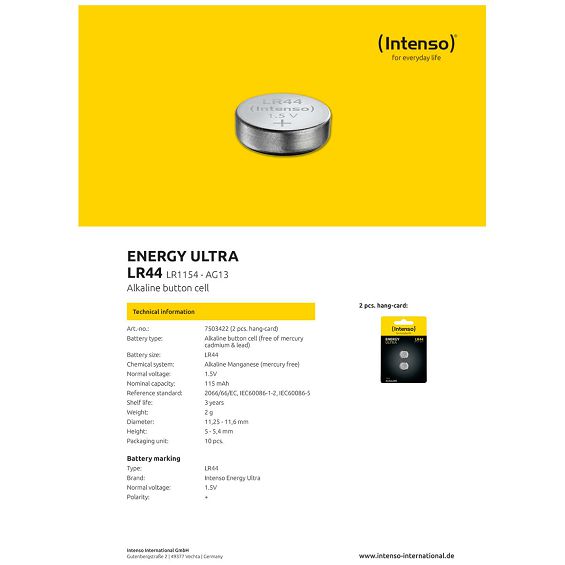 (Intenso) Baterija alkalna LR44/2, 1,5 V dugmasta, blister 2 kom - LR44/2