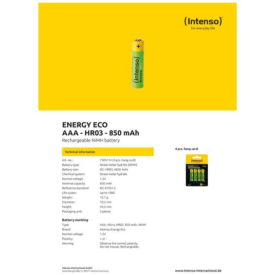 (Intenso) Baterija punjiva AAA / HR03, 850 mAh, blister 4 kom - AAA / HR03/850