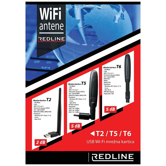 REDLINE Wi-Fi mrežna kartica, USB, 2.4 GHz, 5 dB, 150 Mbps, RTL8188 - T6 WiFi antenna