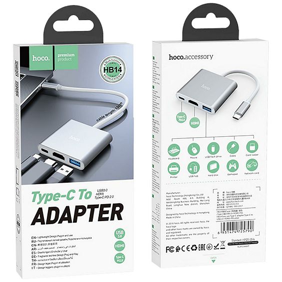 hoco. Konverter USB type C to USB3.0/HDMI/PD - HB14 Easy use