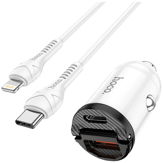 hoco. Auto punjač sa Lightning kabelom, PD + QC3.0, 2 x USB, 4.8 A - NZ2 Link, type C-Lightning, White