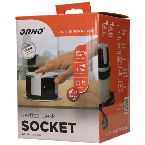 Orno Produžni kabel sa 3 x Schuko utičnice + 2 x USB, ugradbena - OR-AE-1342(GS)