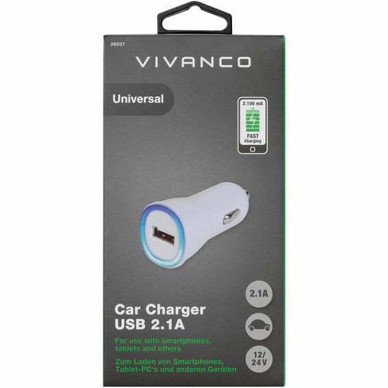 Auto punjač VIVANCO 36257, 2.1A USB, bijeli