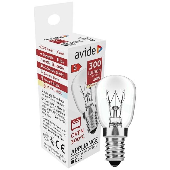 Avide Žarulja za pećnicu, 40W, E14, 3000K, 300 °C, IP20 - Oven 300 °C bulb 40W E14