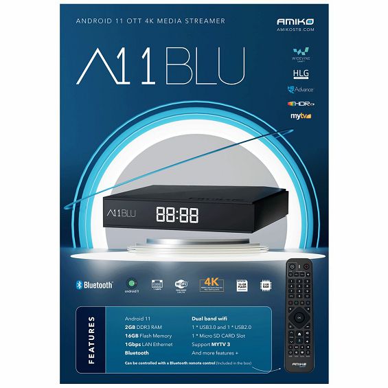 Amiko Prijemnik IPTV, Android OS, 2/16GB, 4K, WiFi, Bluetooth - A11 Blue