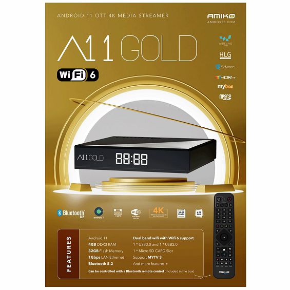 Amiko Prijemnik IPTV, Android OS, 4/32GB, 4K, WiFi, Bluetooth - A11 Gold