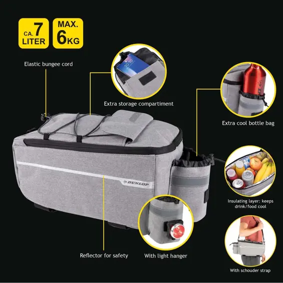 DUNLOP – Termoizolacijska torba za stražnji nosač bicikla, 7 L, s pretincima i remenom za nošenje, siva