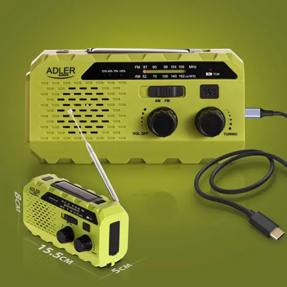 Adler AD 1197 Green solarni radio s ručnom dinamo punjačem, lampom i power bankom