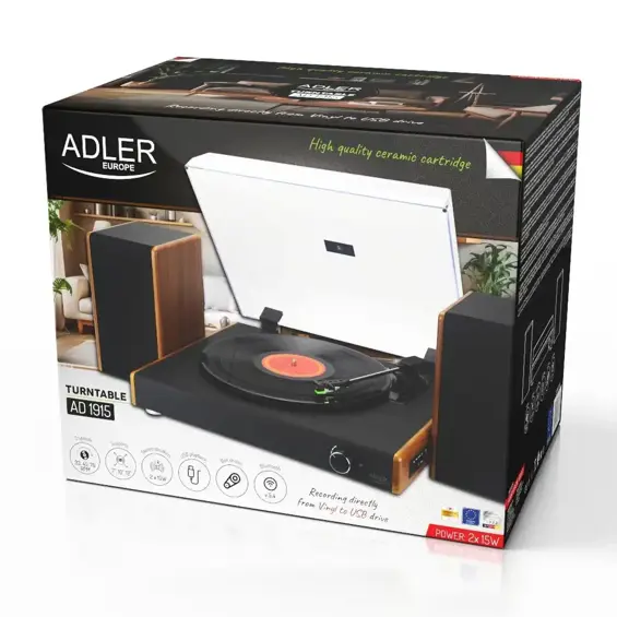 Adler AD 1915 Gramofon s USB-om i Bluetoothom – Stereo Zvučnici 2 × 10 W, USB Snimanje i 3 Brzine