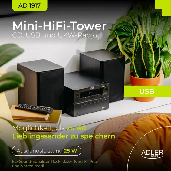 Adler AD 1917 Mini Hi-Fi Sustav – Bluetooth 5.3, CD, USB, FM Radio, 2 × 25 W RMS