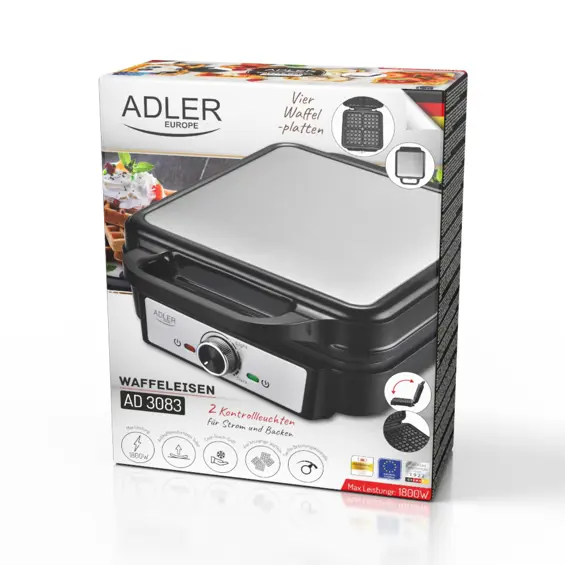 Adler AD 3083 Aparat za Vafle 1800 W – 4 Hrskava Vafla, Podesiva Temperatura i Neljepljive Ploče