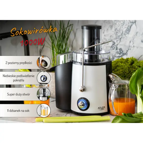 Adler AD 4128 Sokovnik – 1000 W, Veliki Otvor 75 mm, 2 Brzine, Posuda za Pulpu 2 L