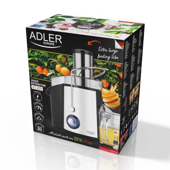 Adler AD 4128 Sokovnik – 1000 W, Veliki Otvor 75 mm, 2 Brzine, Posuda za Pulpu 2 L