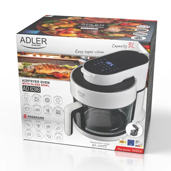 Adler AD 6316 Friteza na Vrući Zrak sa Staklenom Posudom 3 L – 1200 W, 8 Programa, LED Zaslon