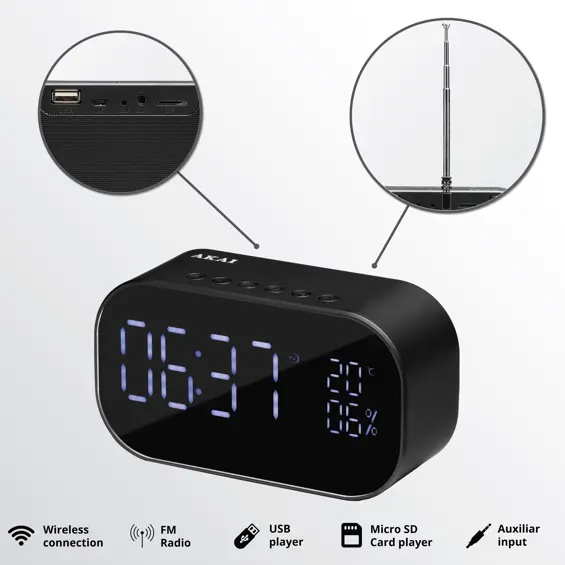 AKAI ABTS-S2 Budilica s FM Radio, Bluetooth, HandsFree, USB i microSD – Crna, S Baterijom