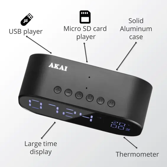 AKAI ABTS-S2 Budilica s FM Radio, Bluetooth, HandsFree, USB i microSD – Crna, S Baterijom