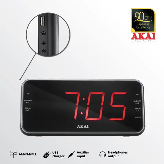 AKAI budilica s FM/AM radijom ACR-3899, LCD zaslon, USB punjač, zidna montaža