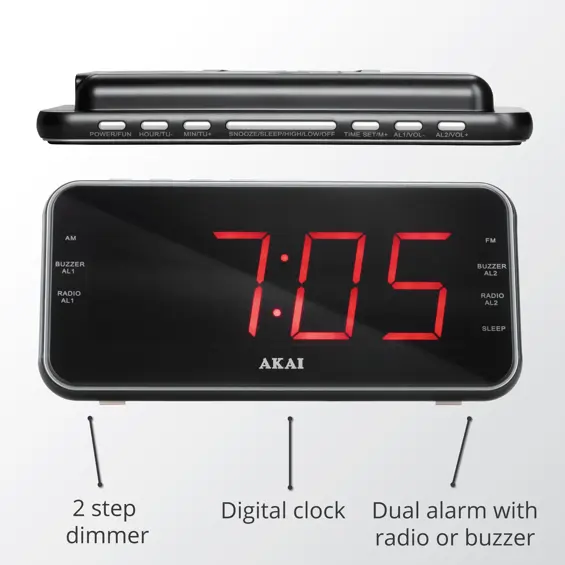 AKAI budilica s FM/AM radijom ACR-3899, LCD zaslon, USB punjač, zidna montaža