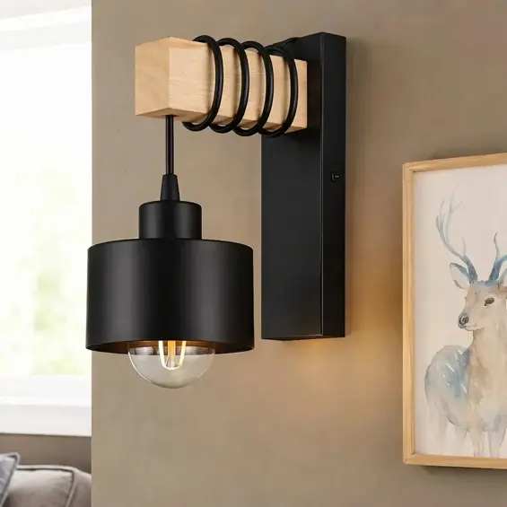 APTEL ZD192 zidna lampa E27 – drvo i čelik, loft dizajn, do 35 W, crna