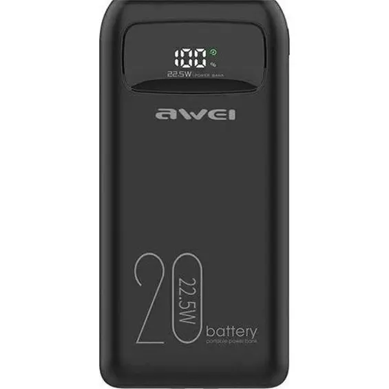 AWEI P169K Powerbank 20.000 mAh 22,5 W – USB-C, ugrađeni USB-C i Lightning kabel, LCD zaslon