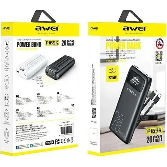 AWEI P169K Powerbank 20.000 mAh 22,5 W – USB-C, ugrađeni USB-C i Lightning kabel, LCD zaslon