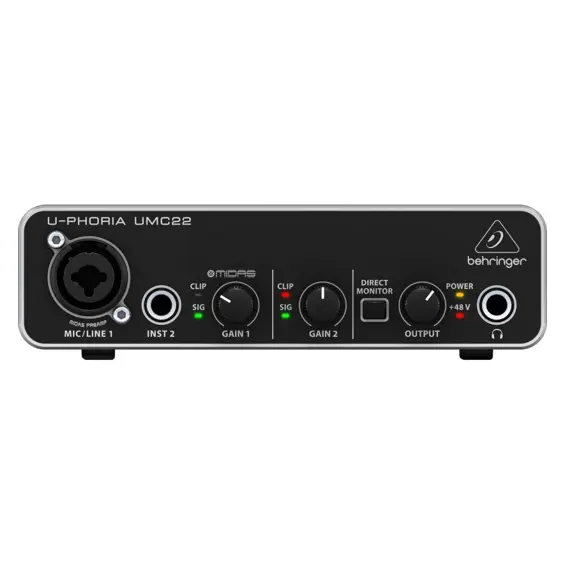 Behringer UMC22 USB Audio Sučelje – 2x2, MIDAS Mikrofonsko Pretpojačalo, 48 V Phantom Power