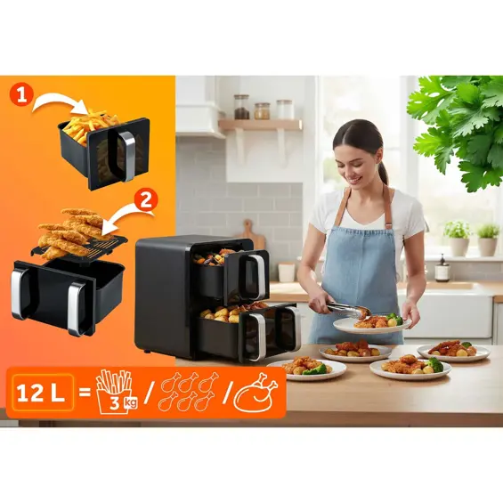 Berdsen BD-664 Air Fryer dvokomorna friteza na vrući zrak 12 L 2800 W – 8 programa, 2 košare, crna