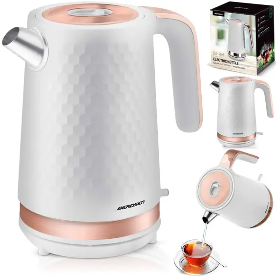 Berdsen BD-705 električno kuhalo za vodu 1,7 L 2200 W – metalno, 360° baza, bijelo-bakreno