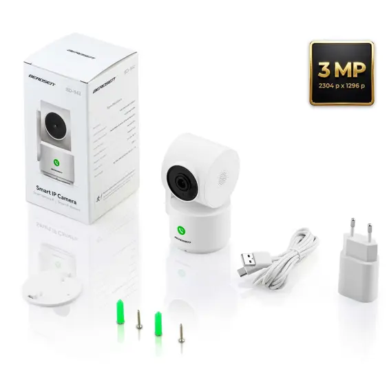 BERDSEN BD-942 – Rotirajuća Wi-Fi IP kamera 3 MP, noćni vid 10 m, praćenje pokreta, dvosmjerni zvuk, Tuya Smart, bijela