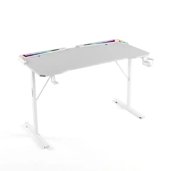 BMD BMD1128WH – Gaming stol 120 × 60 × 75 cm, površina karbonskog izgleda, RGB LED osvjetljenje, držači za piće i slušalice, bijeli