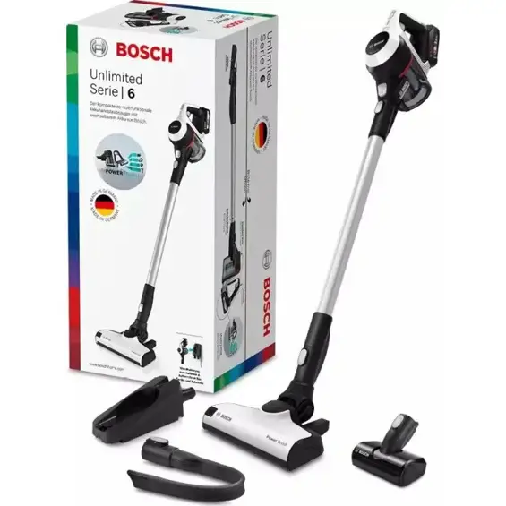 BOSCH Unlimited 6 BKS611MTB – Bežični štapni usisavač 18 V, do 30 min rada, izmjenjiva baterija, mini turbo četka, bijeli