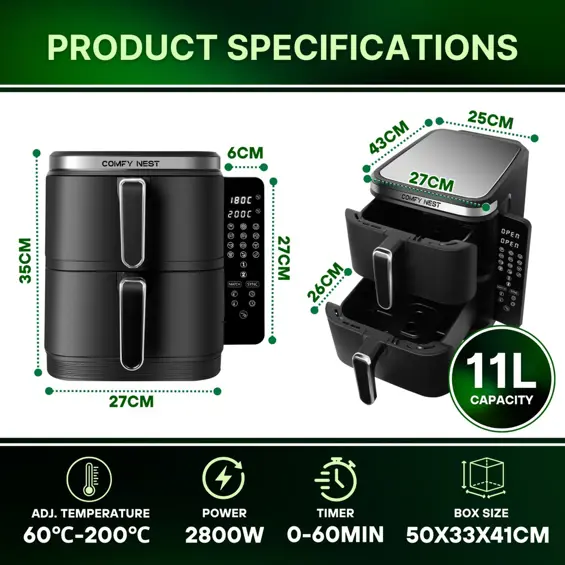 Comfy Nest CN-06177 Dual Air Fryer 11L 2800W – Dvostruka Friteza na Vrući Zrak s 2 Košare