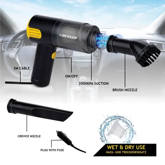 Dunlop 12 V ručni usisavač za automobil – mokro i suho usisavanje, kabel 3 m, 2 nastavka