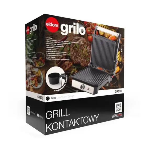 Eldom GK200 Kontaktni Grill – 2000 W, Regulacija Temperature, 2 Posude za Masnoću i Neprianjajuće Ploče