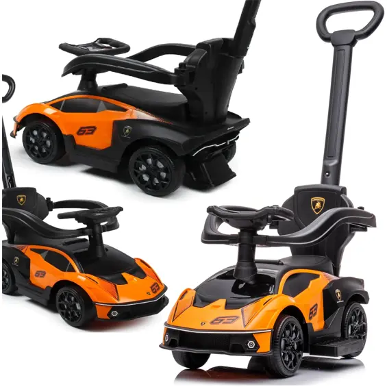 Enero Toys Lamborghini dječja guralica 3u1 – roditeljska ručka, zaštitna ograda, oslonci za noge, crno-narančasta