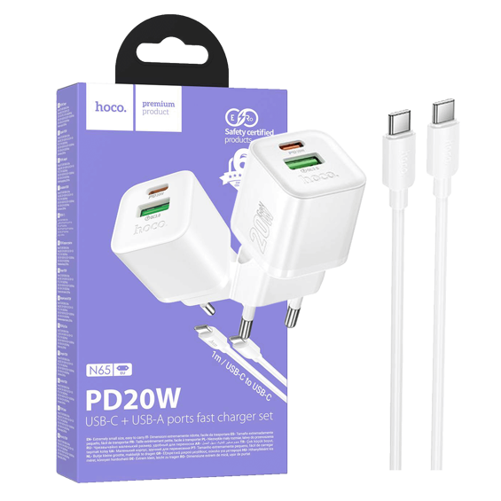 hoco. Punjač kućni sa type C kabelom, PD20W + QC3.0 - N65 Ingenious type C
