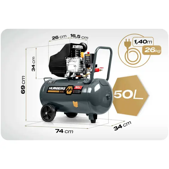 Humberg HM-265 – Uljni kompresor za zrak 50 L, 1800 W, 10 bara