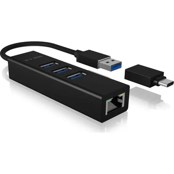 IcyBox IB-HUB1419-LAN: 4-Port USB 3.0 HUB i Gigabit Ethernet adapter (USB-A/USB-C)