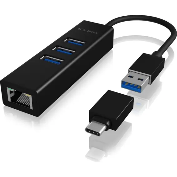 IcyBox IB-HUB1419-LAN: 4-Port USB 3.0 HUB i Gigabit Ethernet adapter (USB-A/USB-C)
