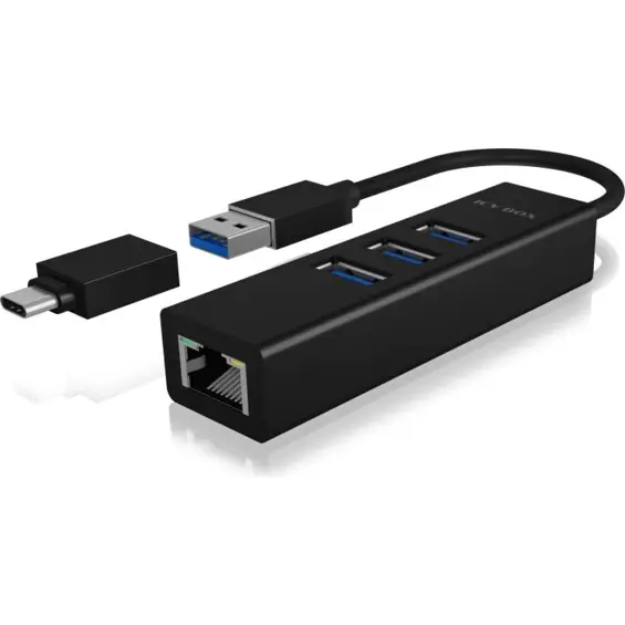 IcyBox IB-HUB1419-LAN: 4-Port USB 3.0 HUB i Gigabit Ethernet adapter (USB-A/USB-C)