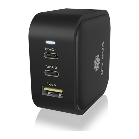 IcyBox IB-PS1030-PD 65W GaN Punjač – 3 Porta (2x USB-C + 1x USB-A) za Brzo Punjenje Laptopa i Telefona