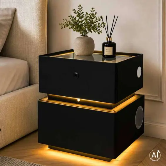 Ikonka KX2634_1 pametni viseći noćni ormarić – otisak prsta, bežično punjenje, Bluetooth, LED, crni