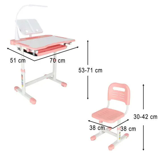 Ikonka KX2974_1 podesivi dječji radni stol sa stolicom i USB LED lampom – rozi